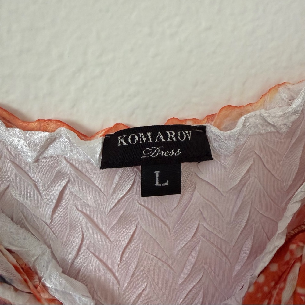 Komarov Crinkle Floral Midi Dress Size Large Orange Flowy Formal Spring Wedding - Picture 8 of 13